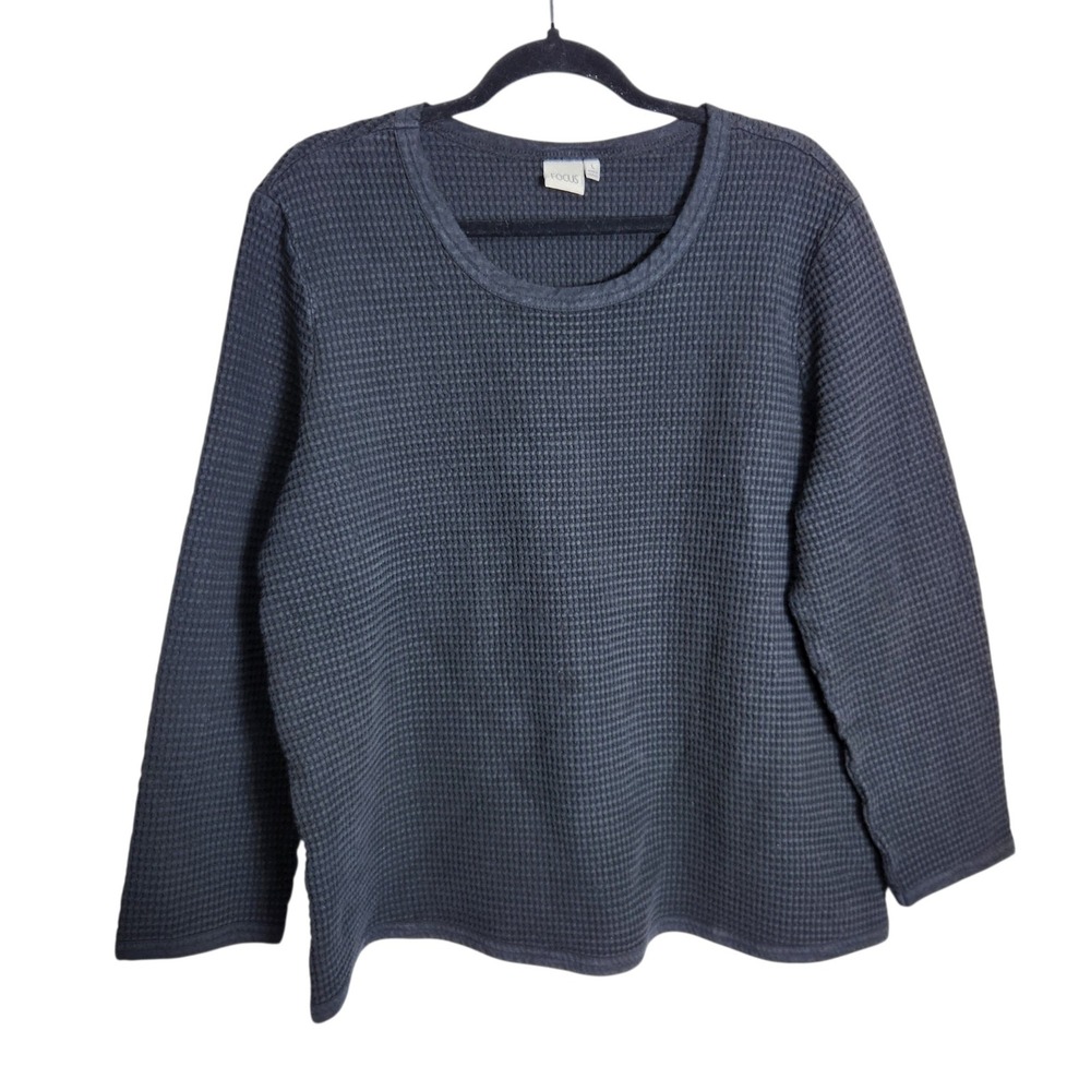 Focus Womens Waffle Knit Long Sleeve Cotton Thermal Top Gray Large